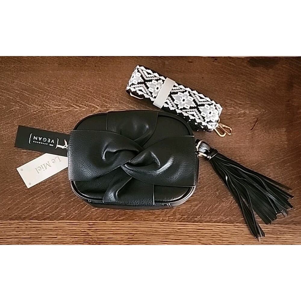 Le Miel Vegan Leather Black Knot/Bow Shoulder Bag with Tassel Detail